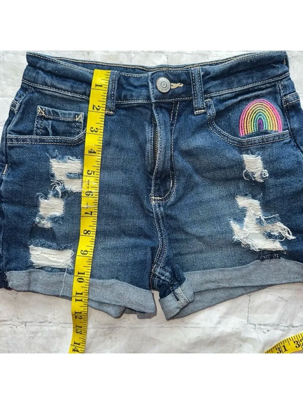 NWOT Girls Size 14 Justice Distressed Destroyed Blue Denim Jean Shorts Rainbow